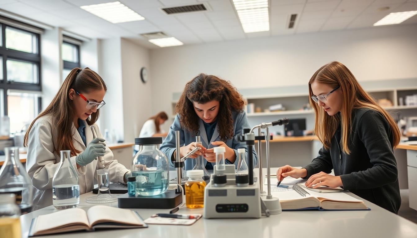 Students studying together in modern classroom